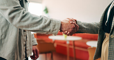 Buy stock photo Handshake, business people and deal at cafe with success, agreement or hiring with HR manager. Person, human resources and welcome with onboarding, thanks and shaking hands for support at coffee shop