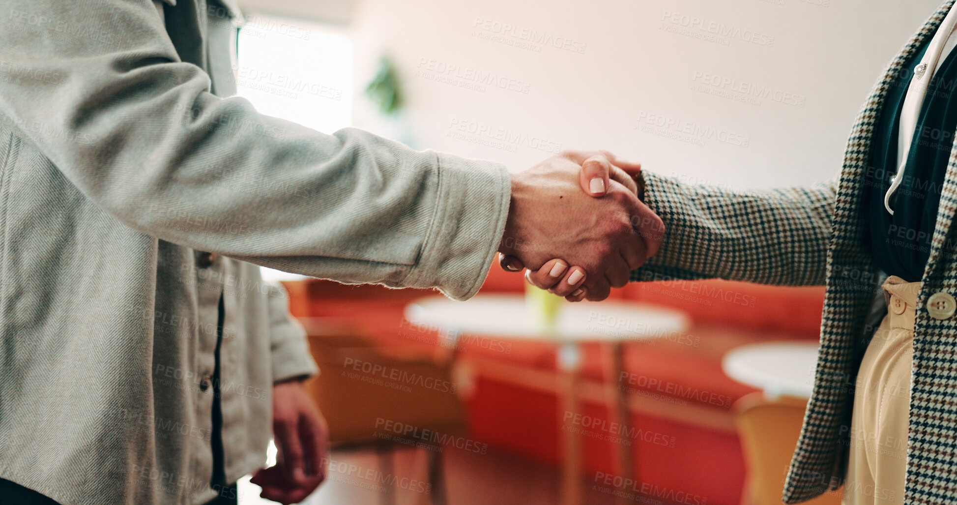 Buy stock photo Handshake, business people and deal at cafe with success, agreement or hiring with HR manager. Person, human resources and welcome with onboarding, thanks and shaking hands for support at coffee shop