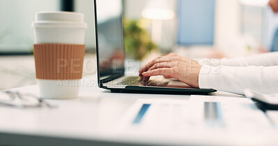 Buy stock photo Employee, typing and hands with laptop in business, info and accountant with financial report on web. Bookkeeping, online and person with tech for data entry, forecasting or tax preparation in office