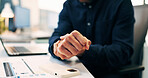 Man, hands and wrist pain in office for strain, overworked or pressure with laptop or burnout. Business person, stress or sore arm with tech for carpal tunnel syndrome, joint injury or muscle tension