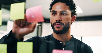 Buy stock photo Business, man and writing on sticky notes in office for function details, guest list or schedule. Event coordinator, planning or brainstorm on glass for vendor ideas, calendar and project management