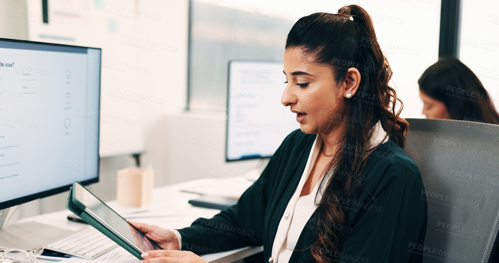 Buy stock photo Business, woman and review with tablet in office for research, inquiry and insurance for finance. Reading, person and coworking with tech for financial claims, coverage and information for protection