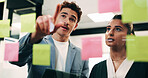 Man, woman and tablet with planning in office with glass wall, strategy or review finance agency. Business people, broker and team with tech, solution and insight on app at asset management company