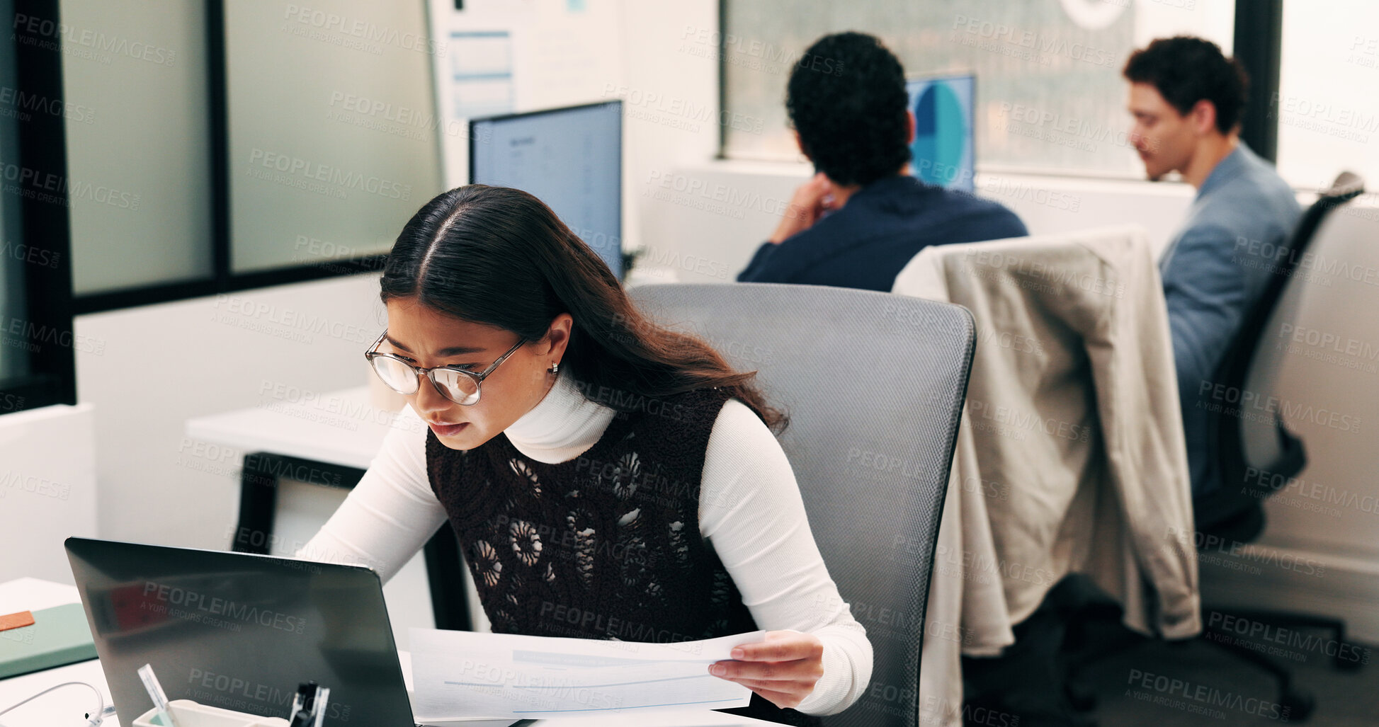Buy stock photo Business, woman and document with laptop in office for research, inquiry and insurance for finance. Reading, person and coworking with pc for financial claims, coverage and paperwork with information