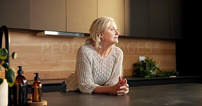 Buy stock photo Morning, thinking and senior woman in kitchen for memory, reflection and planning day on weekend. Retirement, house and elderly person with daydreaming, thoughtful and nostalgia for calm or peace