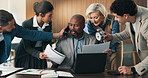 Stress, discussion and chaos of business man with anxiety, burnout or schedule crisis, documents and laptop. Project problem, phone call and paperwork of manager, time management and pressure