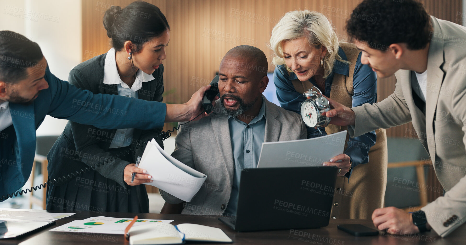 Buy stock photo Stress, discussion and chaos of business man with anxiety, burnout or schedule crisis with laptop. Project problem, phone call and paperwork of manager, time management and pressure in office