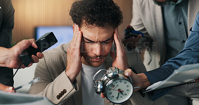 Buy stock photo Business, team and man with headache, chaos and stress with anxiety, burnout and schedule crisis. Project deadline, migraine and person with time management, mistake and phone call in office