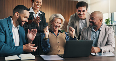 Buy stock photo Celebration, business people and team with applause on laptop for promotion bonus or success in office. Excited, employees and congratulations with winning, tech and good news or company achievement