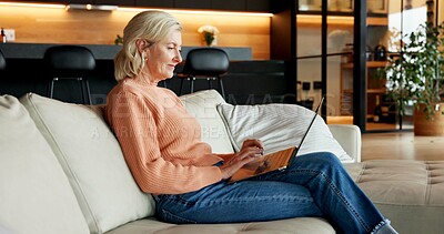 Buy stock photo Creative, remote work and woman with laptop in lounge, smile and proofreading ebook on web in house. Freelance, editing and mature person with tech, grammar check and story development in living room