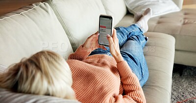 Buy stock photo Senior, woman or research with phone screen on sofa for information, website or online guide in home. Elderly, female person or lying with smartphone on couch for network, connection or app in house