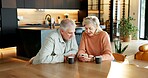 Talking, home and senior couple with phone, connection or watching movie with subscription in lounge. Mature people, relax and streaming video with partner, online and bonding with mobile in house
