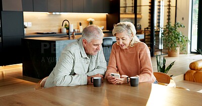 Buy stock photo Talking, home and senior couple with phone, connection or watching movie with subscription in lounge. Mature people, relax and streaming video with partner, online and bonding with mobile in house
