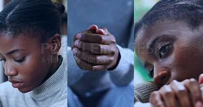 Buy stock photo Sad, collage and black woman in home with overthinking, reflection or pressure for phobia. Anxiety, stress and person with depression in house for mental health, trauma or remember for nostalgia.