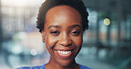 Happy, black woman and portrait of nurse in clinic with confidence for career in medical service. Smile, professional and female healthcare worker with pride for about us or nursing in hospital.