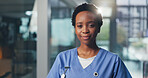 Professional, black woman and portrait of nurse in hospital with confidence for medical career. Smile, nursing opportunity and African female healthcare worker with pride for about us in clinic.