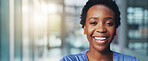 Happy, black woman and portrait of nurse in hospital with confidence for career in medical service. Smile, professional and female healthcare worker with pride for about us in clinic by mockup space.