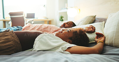 Buy stock photo Happy, relax and couple on bed in hotel for calm, comfort or peaceful morning together on weekend. Smile, hospitality and black man with woman with rest in bedroom at lodge for anniversary holiday.