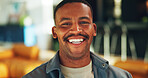 Portrait, oral hygiene and funny black man in home for gum health, dental wellness and mouth care. Laughing, teeth shine and person at apartment for dentistry benefits, orthodontics and veneers