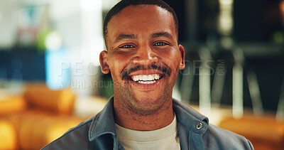 Buy stock photo Portrait, oral hygiene and funny black man in home for gum health, dental wellness and mouth care. Laughing, teeth shine and person at apartment for dentistry benefits, orthodontics and smile