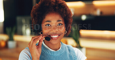 Buy stock photo Portrait, woman and tutor in home with headset, online class and consultation for education. Smile, African person and mic at house for elearning, virtual assistant and academic inquiry for teaching