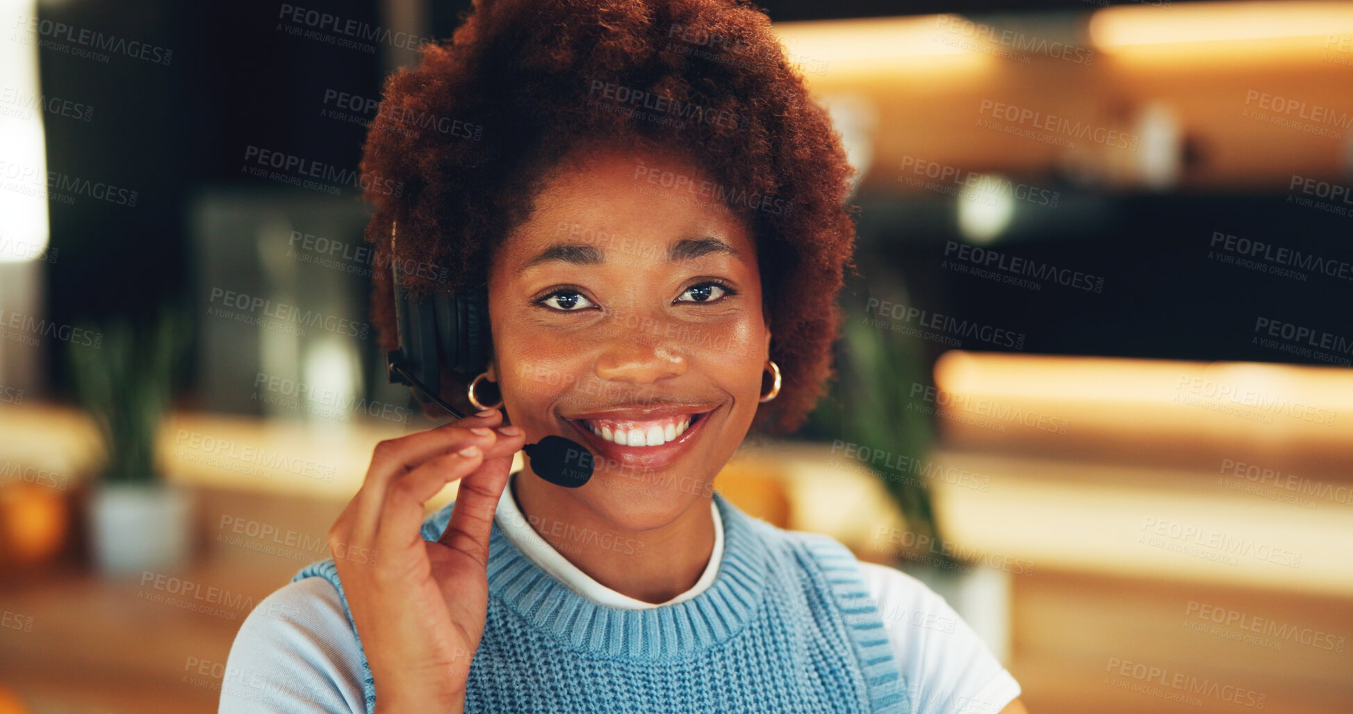 Buy stock photo Portrait, woman and tutor in home with headset, online class and consultation for education. Smile, African person and mic at house for elearning, virtual assistant and academic inquiry for teaching