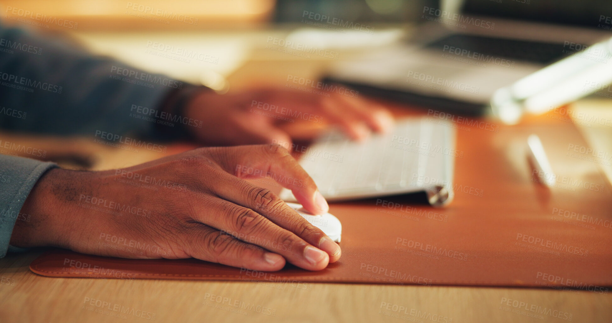 Buy stock photo Hands, work and person with computer, review report or accounting records for bookkeeping. Keyboard, desk and accountant with mouse for tax, financial budget or expense evaluation for investment