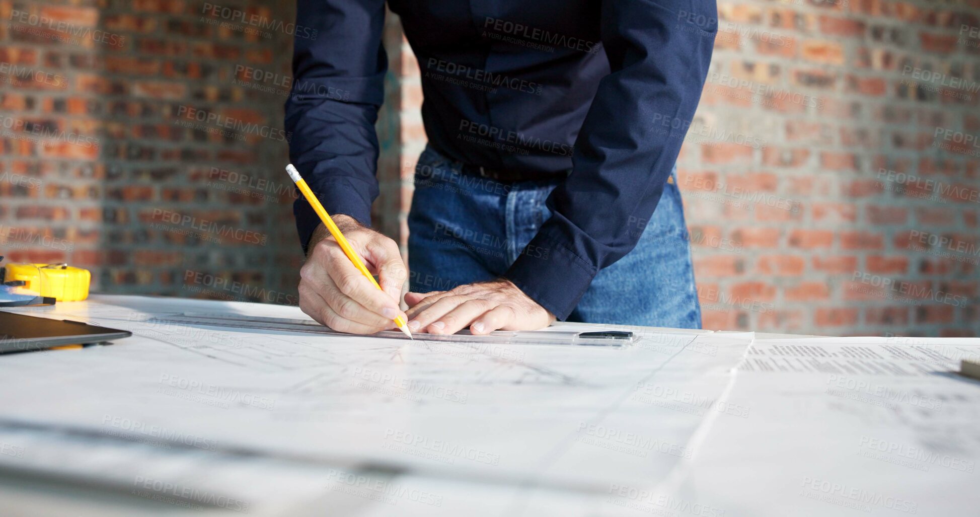 Buy stock photo Hands, blueprint and drawing at construction site for architect, design and urban infrastructure. Engineer person, paperwork and floor plan for contractor, property development or project management