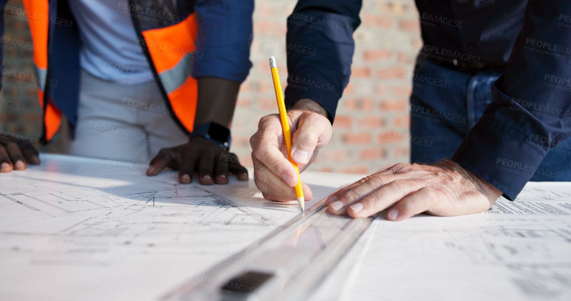 Buy stock photo Hands, blueprint and drawing at construction site for engineer, teamwork or urban infrastructure. Architect people, paperwork and floor plan for contractor, property development or project management