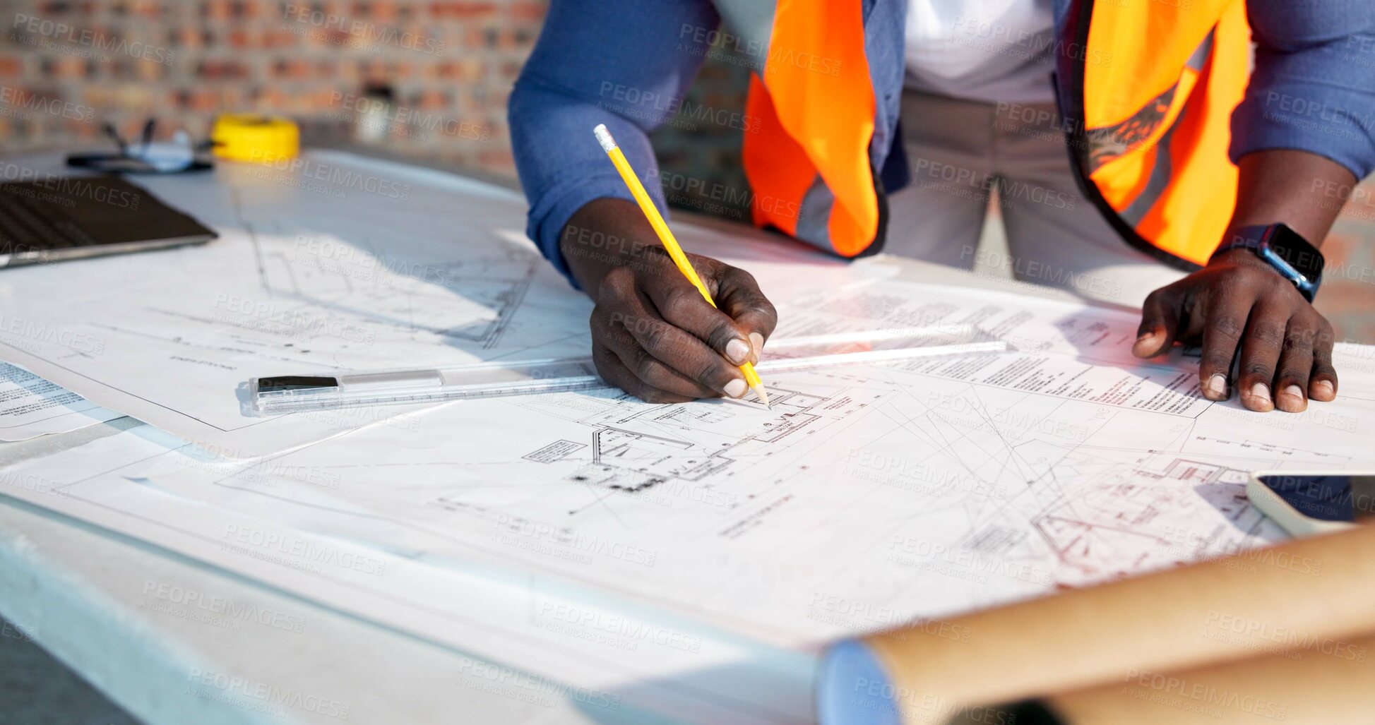 Buy stock photo Hands, floor plan and drawing at construction site for architect, design and urban infrastructure. Engineer person, paperwork and blueprint for contractor, property development or project management