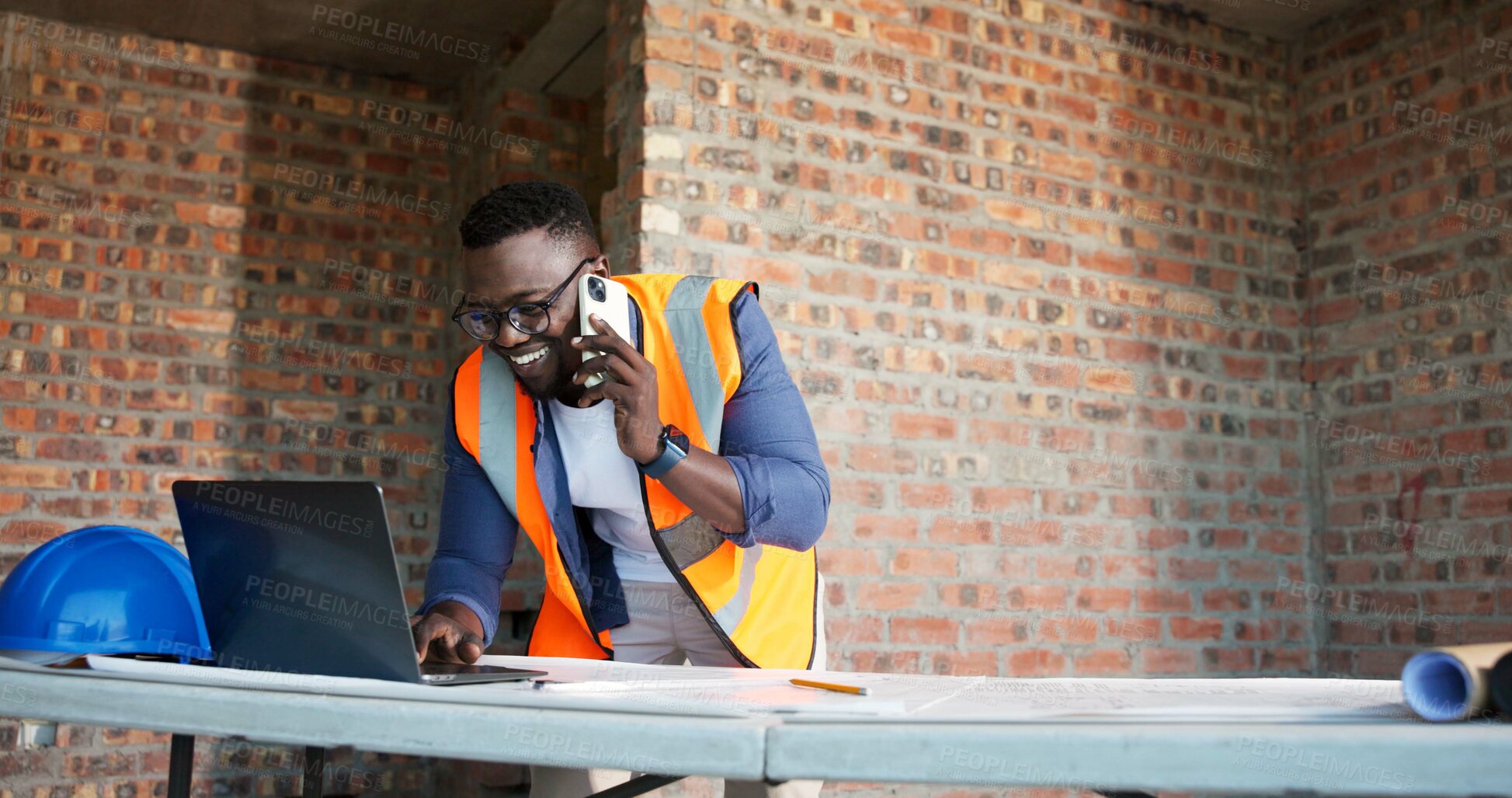 Buy stock photo Black man, phone call and laptop at construction site for engineer, planning and urban infrastructure. Communication, paperwork and tech for contractor, property development and project management