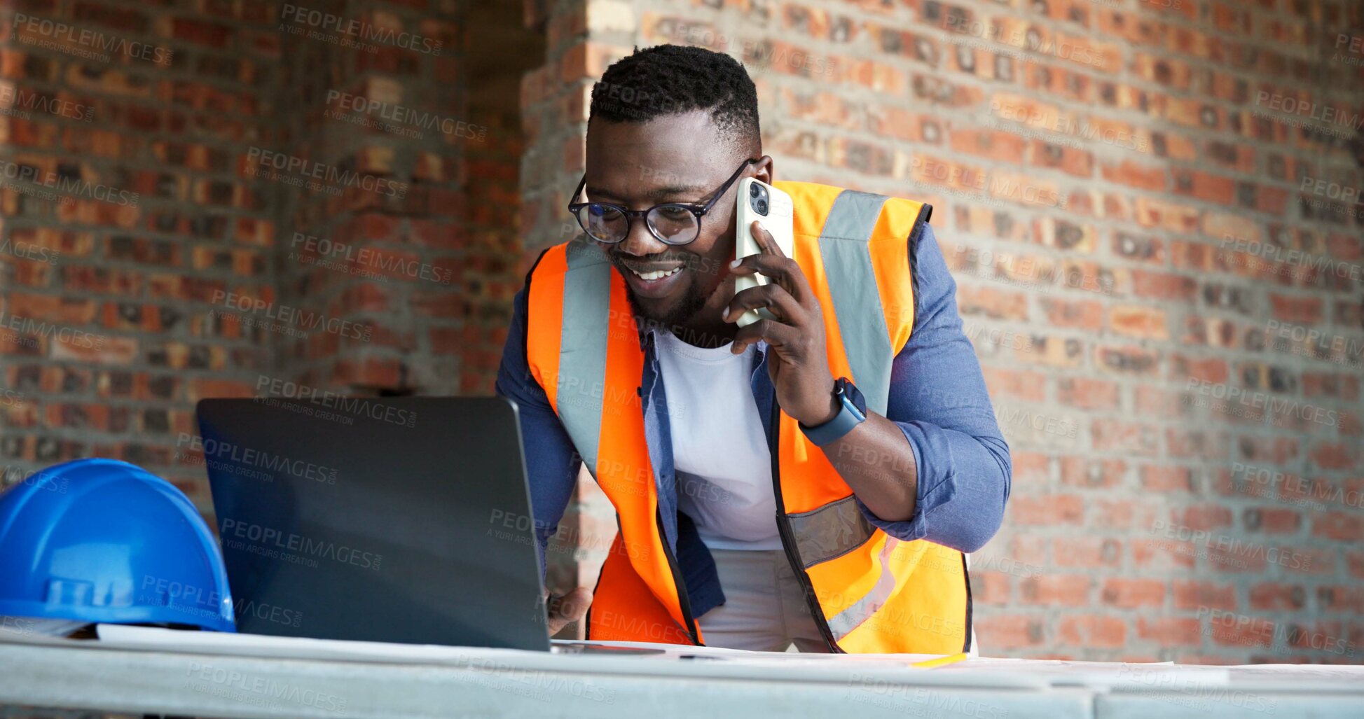Buy stock photo Black man, phone call and laptop at construction site for architect, planning and urban infrastructure. Conversation, communication and tech for contractor, property development or project management