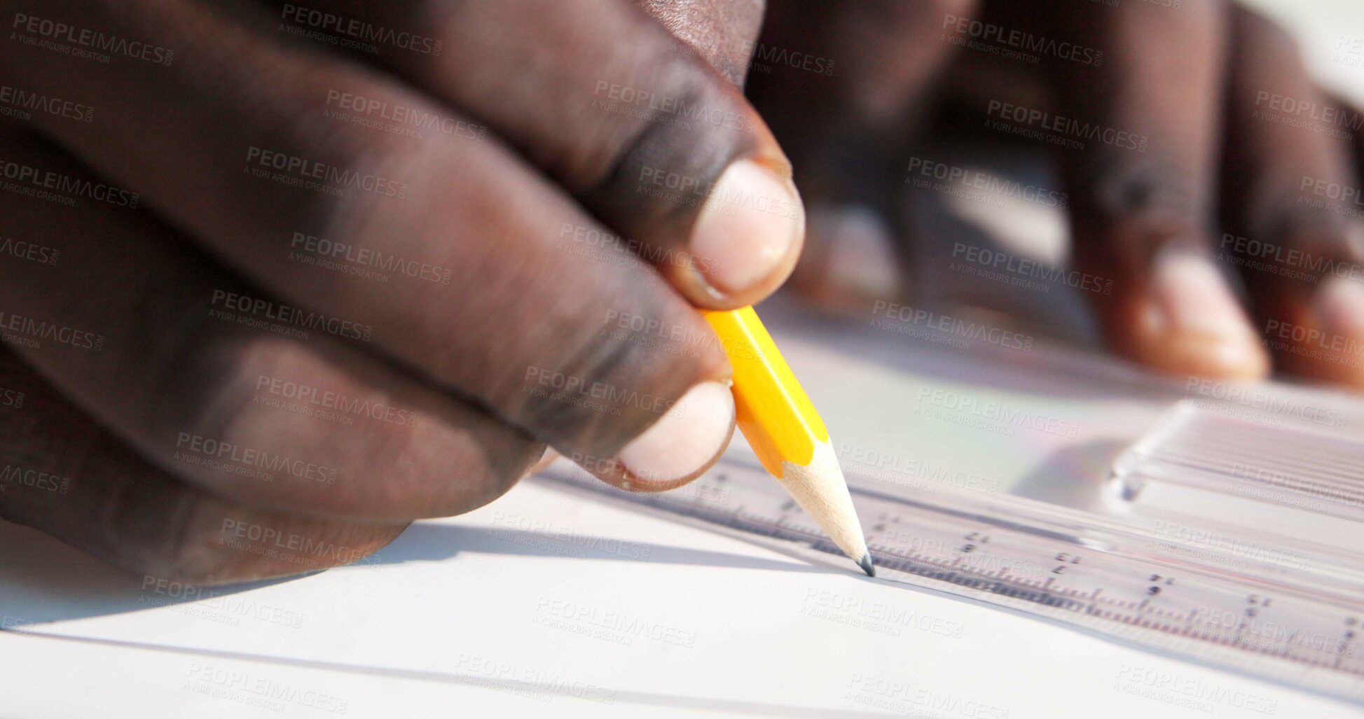 Buy stock photo Hands, floor plan and drawing for construction with engineer, ruler and urban infrastructure. Architect person, paperwork and blueprint for contractor, property development or project management