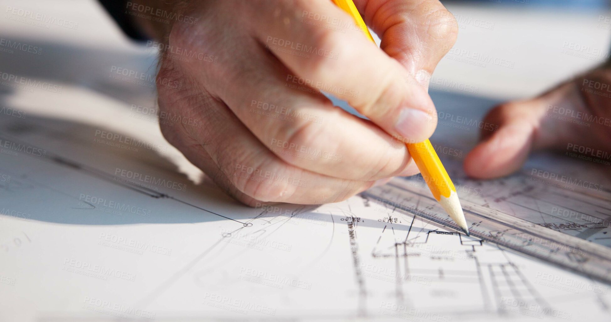 Buy stock photo Hands, blueprint and drawing for construction with engineer, ruler and urban infrastructure. Architect person, paperwork and floor plan for contractor, property development or project management