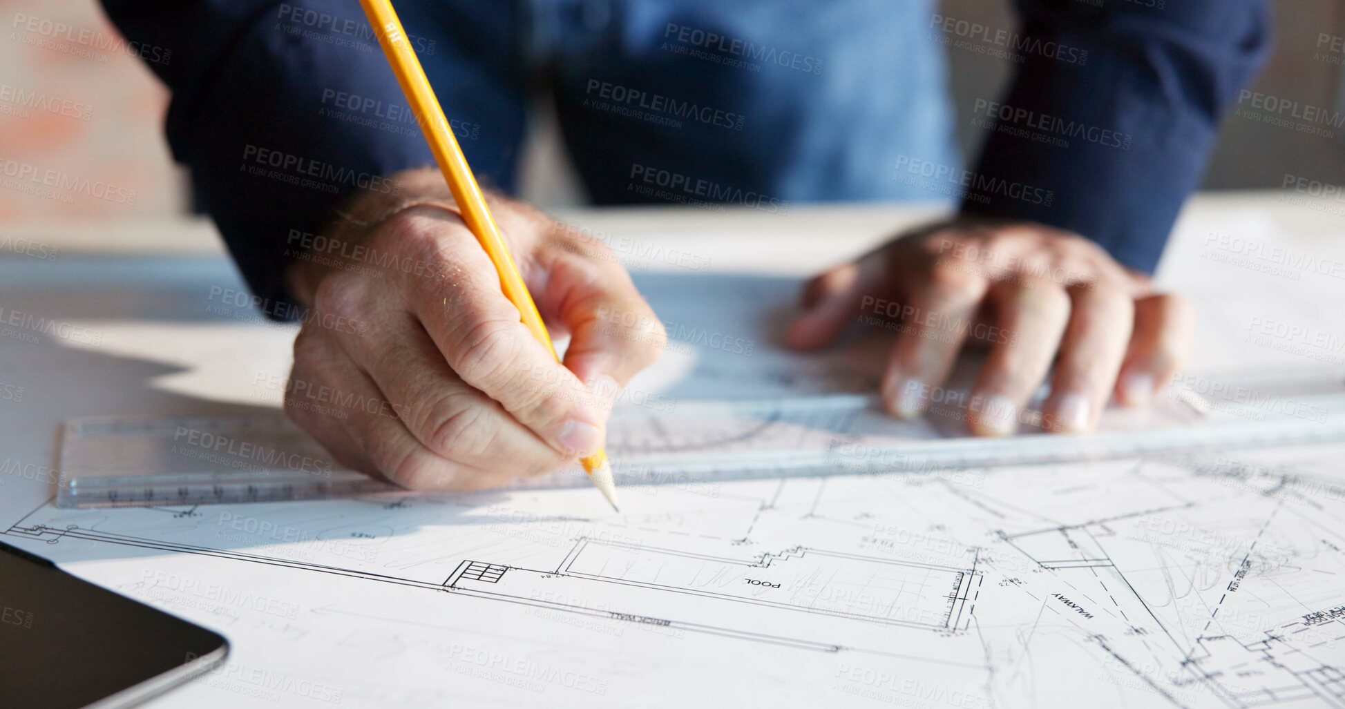 Buy stock photo Hands, blueprint and drawing for construction with architect, design and urban infrastructure. Engineer person, paperwork and floor plan for contractor, property development or project management