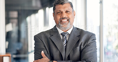 Buy stock photo Portrait, businessman and lawyer in office with arms crossed, legal experience and pride for career. Happy, mature person and corporate attorney in firm with confidence, law compliance and about us.