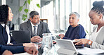 Business, woman or team with meeting in office for finance pitch, funding request or budget report. Financial investors, mature person and update on market opportunity, valuation and risk management