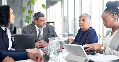 Buy stock photo Business, woman or team with meeting in office for finance pitch, funding request or budget report. Financial investor, mature person and update on market opportunity, valuation and risk management
