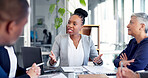 Laptop, woman or meeting with documents in office for finance pitch, project funding or request. Financial stakeholders, tech or team discussion for market expansion, company valuation or negotiation