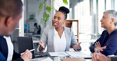 Buy stock photo Laptop, woman or meeting with documents in office for finance pitch, project funding or request. Financial stakeholders, tech or team discussion for market expansion, company valuation or negotiation