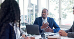 Business, man and meeting with laptop in office for finance pitch, funding request or budget update. Financial investors, team and online report for market opportunity, company valuation and feedback