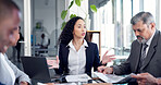 Laptop, woman or meeting with paperwork in office for finance pitch, project funding or request. Financial stakeholders, tech or team discussion for market expansion, company valuation or negotiation