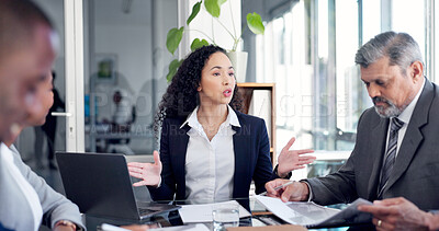 Buy stock photo Laptop, woman or meeting with paperwork in office for finance pitch, project funding or request. Financial stakeholders, tech or team discussion for market expansion, company valuation or negotiation