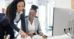 Lawyer, women and talk in office with documents, legal aid proposal and planning for lawsuit strategy. People, collaboration and discussion with computer, attorney advice and court case paperwork.