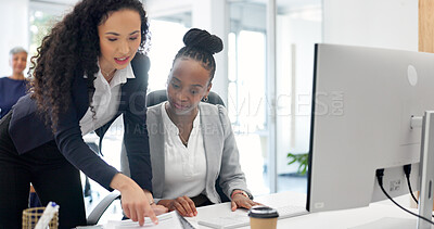 Buy stock photo Lawyer, women and talk in office with documents, legal aid proposal and planning for lawsuit strategy. People, collaboration and discussion with computer, attorney advice and court case paperwork.