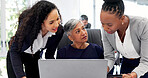 Team, meeting and businesswomen with tech in office, accountant and audit preparation with research. Business people, discussion and collaboration with tablet, tax planning or financial review on web