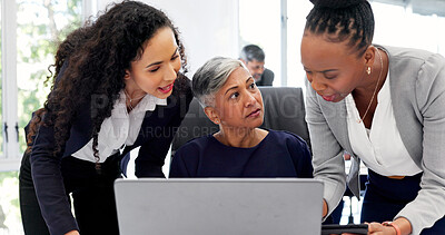 Buy stock photo Team, meeting and businesswomen with tech in office, accountant and audit preparation with research. Business people, discussion and collaboration with tablet, tax planning or financial review on web