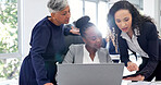 Team, meeting and businesswomen with tablet in office, accountant or audit preparation with research. Business people, discussion and collaboration with tech, tax planning and financial review on web