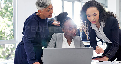 Buy stock photo Team, meeting and businesswomen with tablet in office, accountant or audit preparation with research. Business people, discussion and collaboration with tech, tax planning and financial review on web