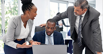 Buy stock photo Manager, team and review in office with laptop, legal aid proposal and discussion for lawsuit strategy. Management, people and talk in business with computer, attorney advice and court case planning.